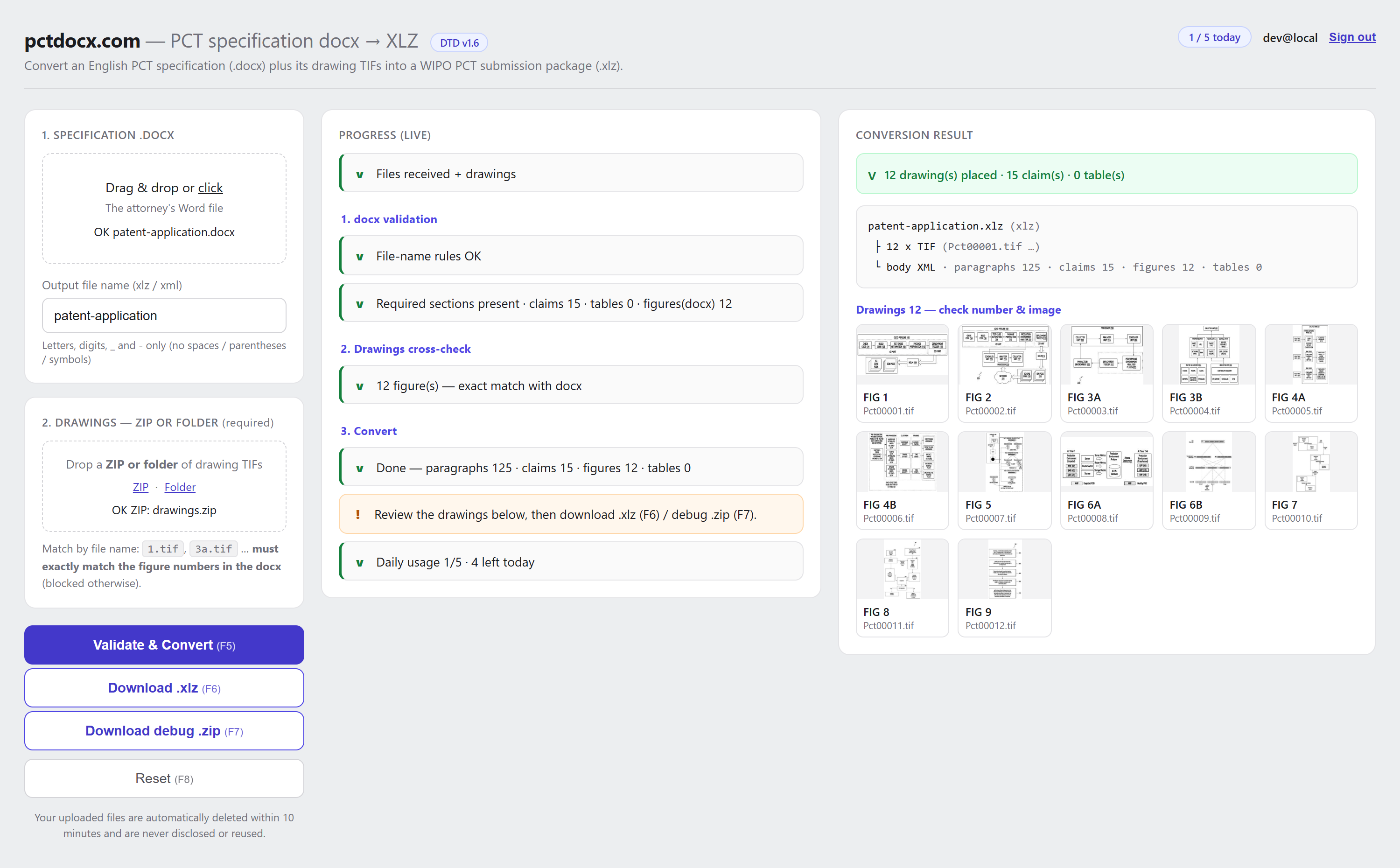 pctdocx.com conversion screen — validation, live progress, and drawing preview